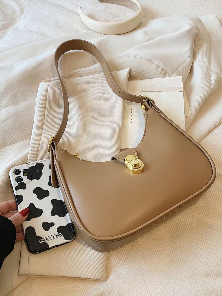 Metal Decor Hobo Bag Small Minimalist Brown