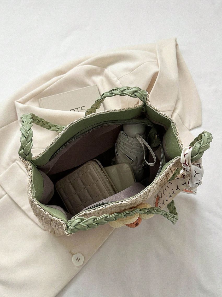 Flower & Twilly Scarf Decor Straw Bag Vacation