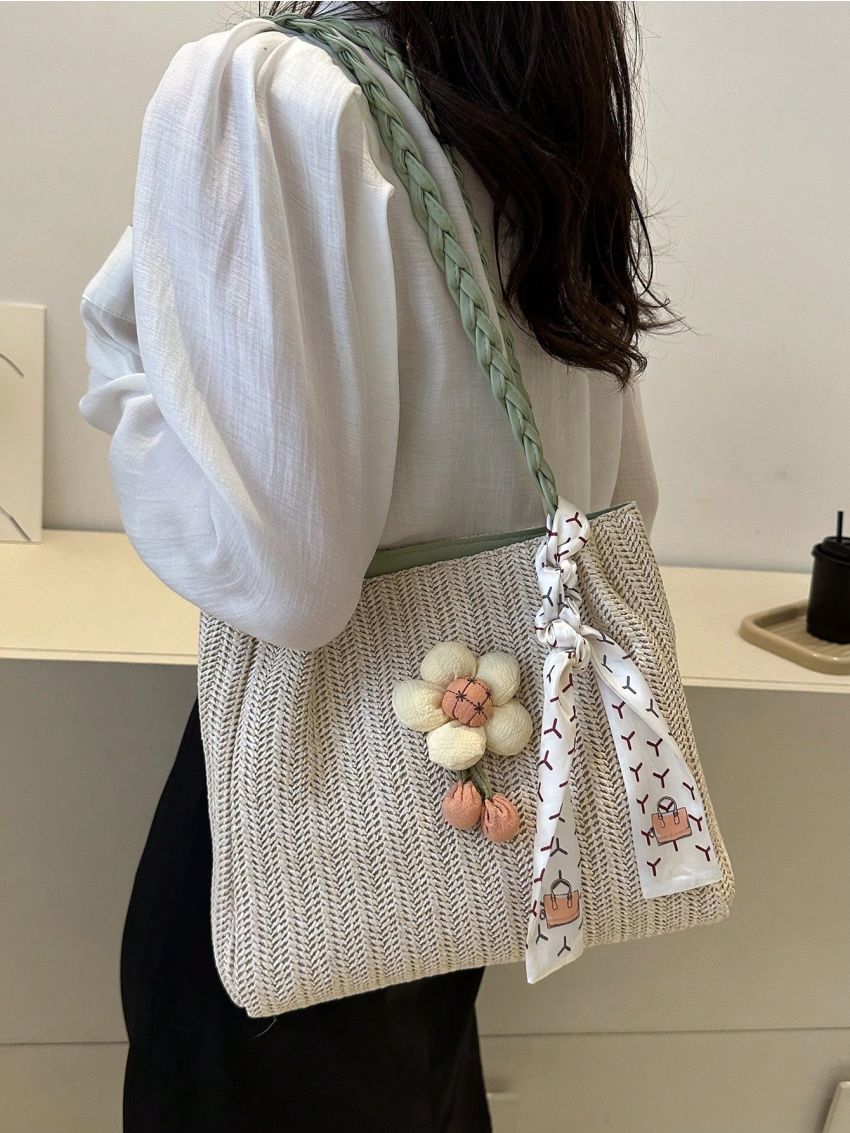 Flower & Twilly Scarf Decor Straw Bag Vacation