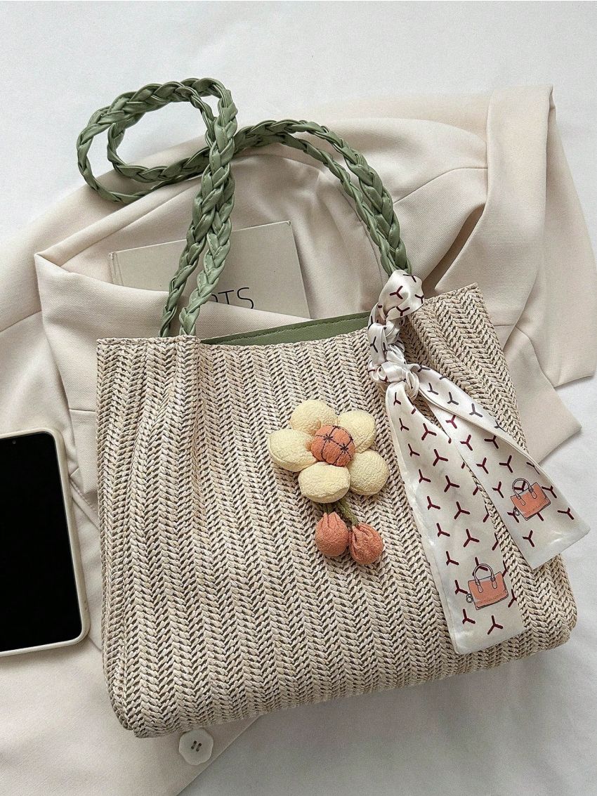 Flower & Twilly Scarf Decor Straw Bag Vacation