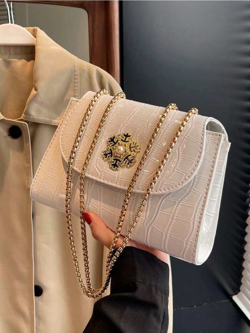 Crocodile Embossed Square Bag Faux Pearl Decor Flap