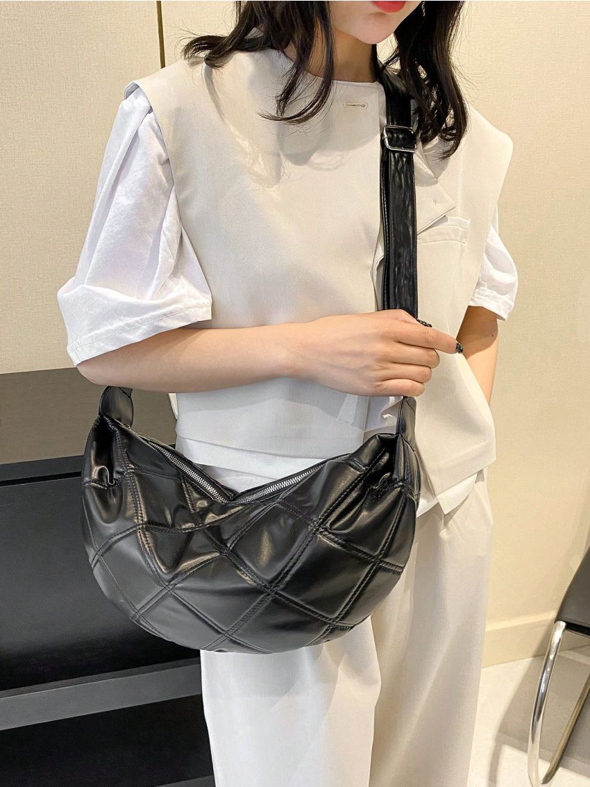 Quilted Pattern Hobo Bag Medium Zipper Black