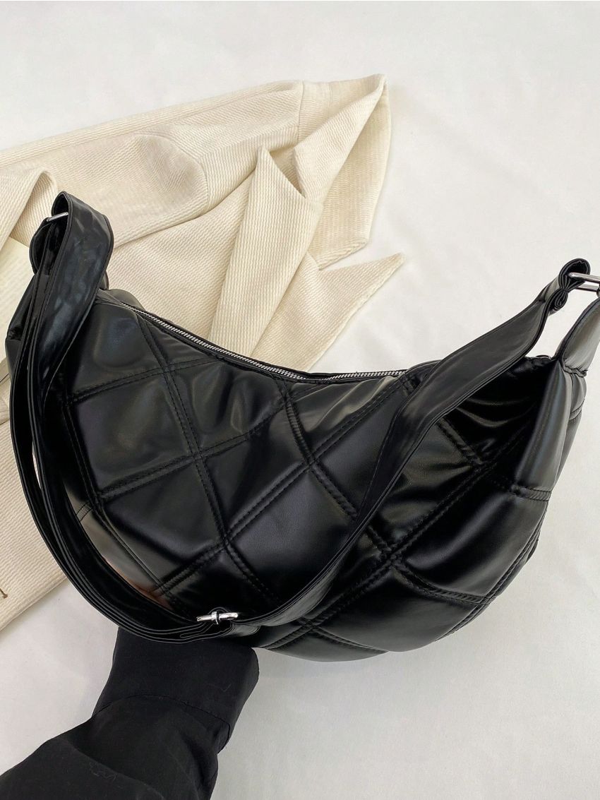 Quilted Pattern Hobo Bag Medium Zipper Black