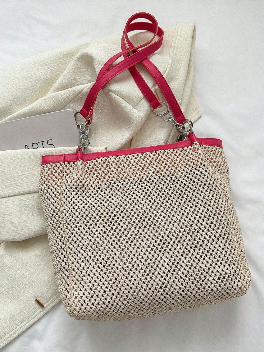 Patch Decor Straw Bag Hollow Out Zipper Fashion