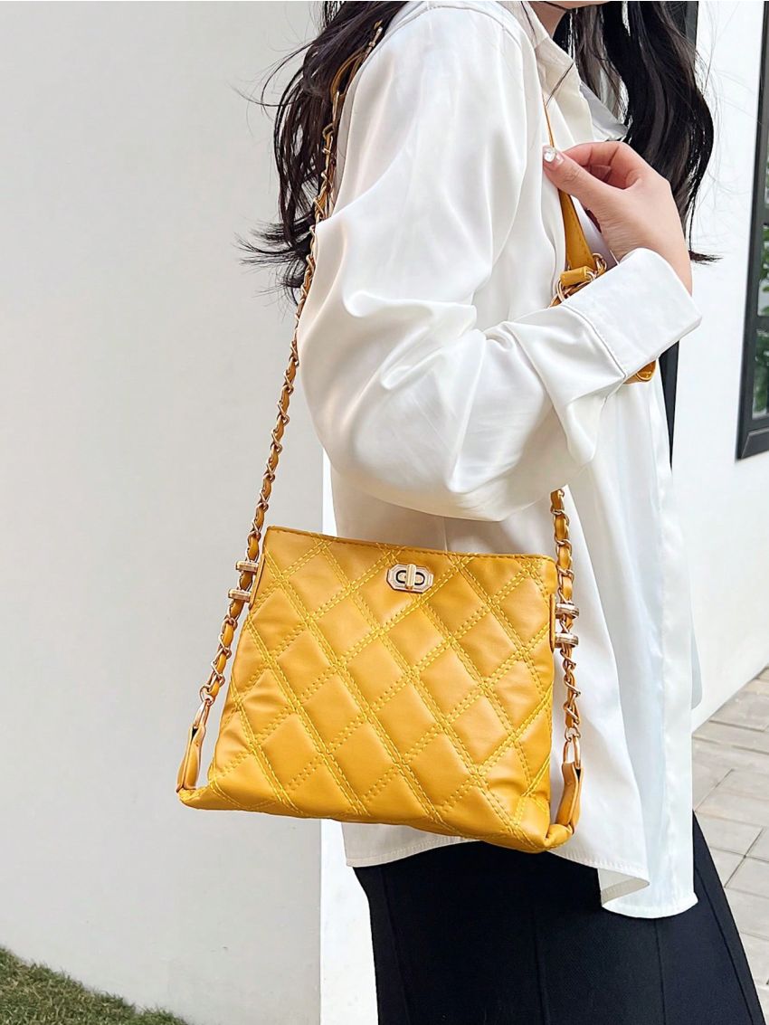 Mini Square Bag Quilted Detail Fashionable Turn-lock Chain