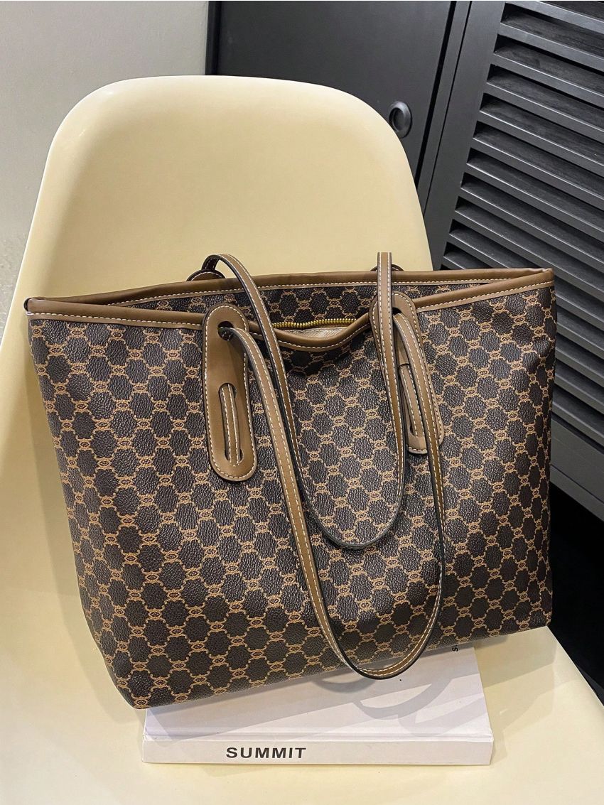 Large Shoulder Tote Bag Geometric Pattern Elegant Double Handle