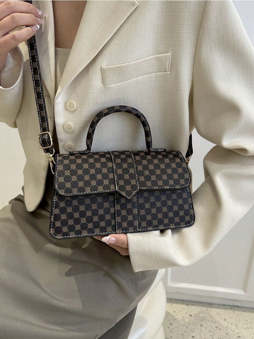 Geometric Pattern Flap Square Bag Vintage Top Handle PU