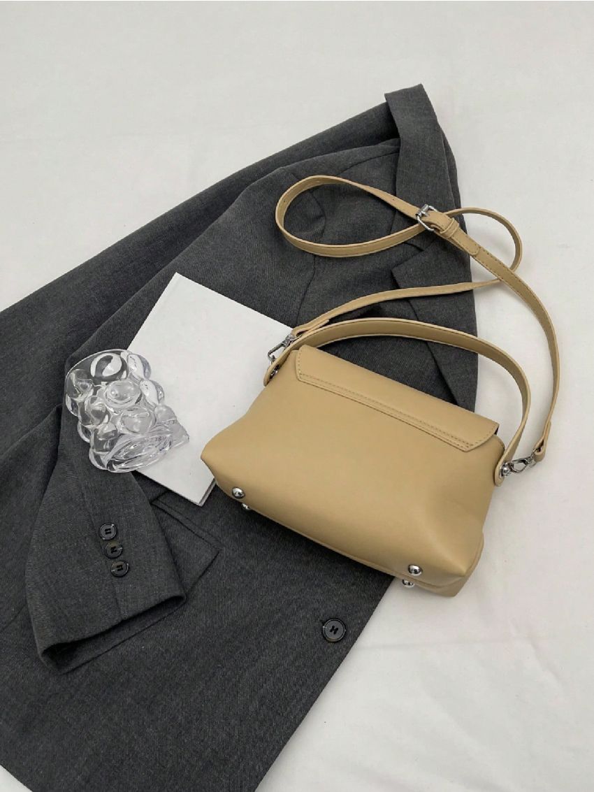 Elegant Satchel Bag Khaki Studded Decor Adjustable-strap PU