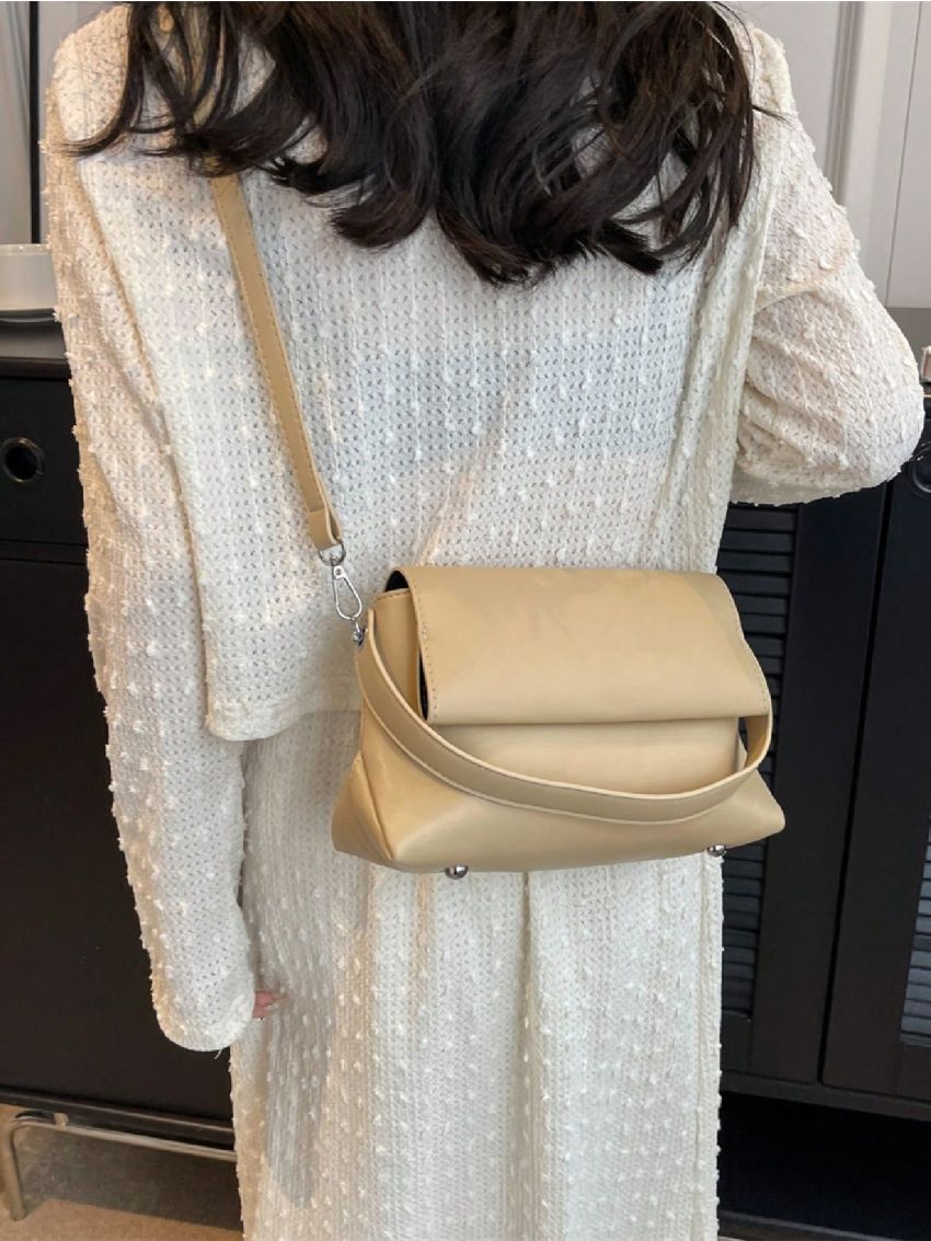 Elegant Satchel Bag Khaki Studded Decor Adjustable-strap PU