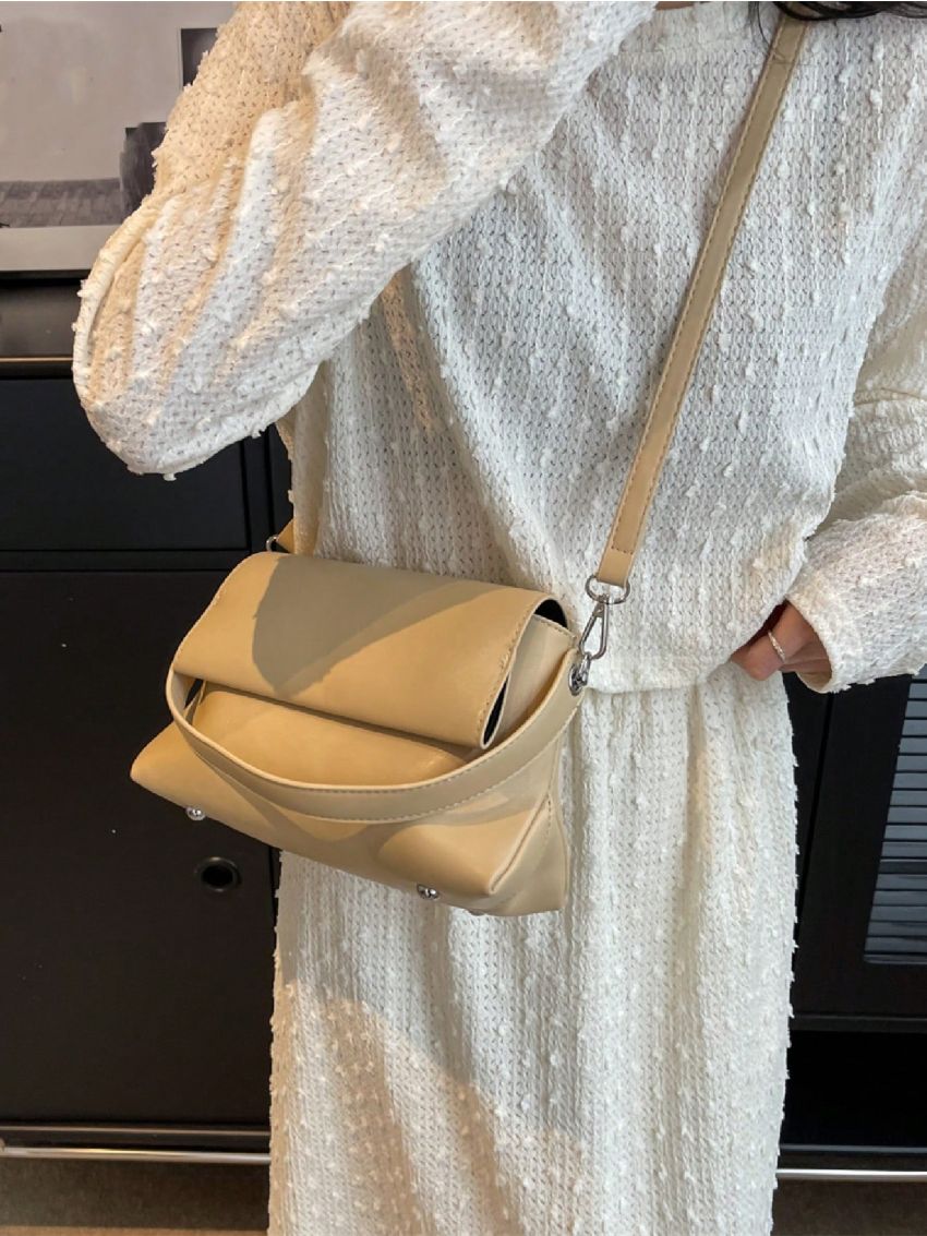 Elegant Satchel Bag Khaki Studded Decor Adjustable-strap PU