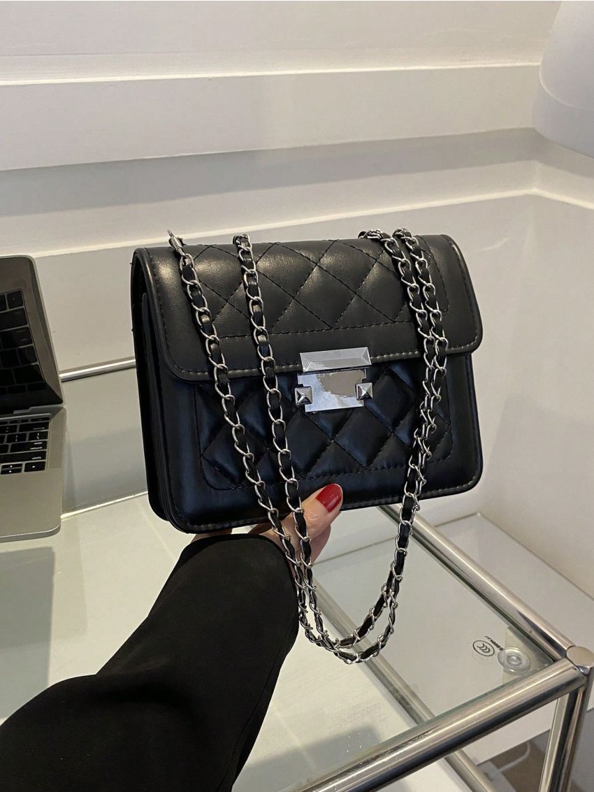 Elegant Square Bag Black Metal Decor Chain PU