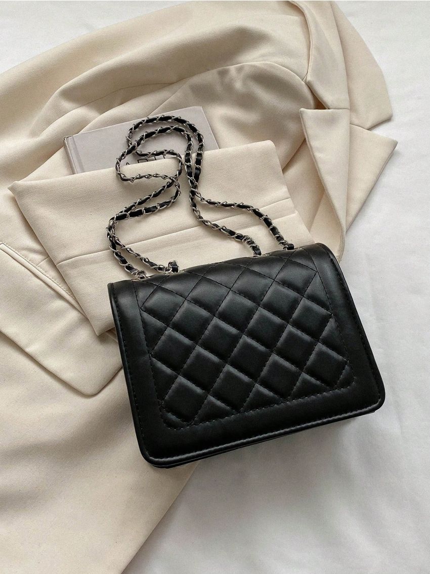 Elegant Square Bag Black Metal Decor Chain PU