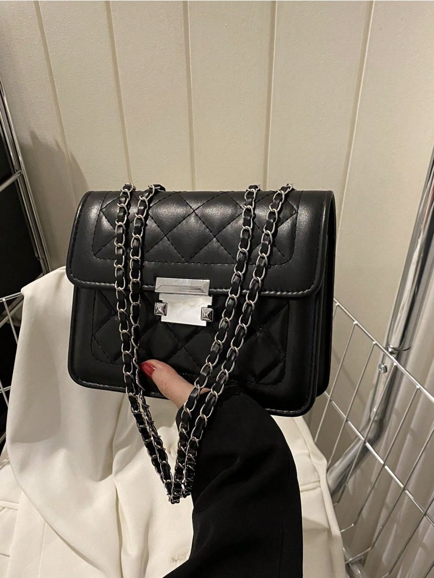 Elegant Square Bag Black Metal Decor Chain PU