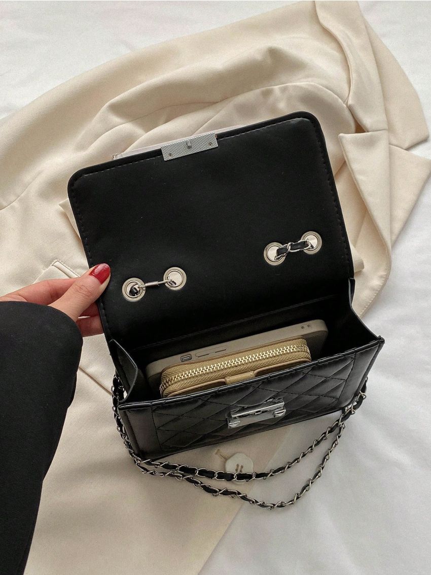 Elegant Square Bag Black Metal Decor Chain PU