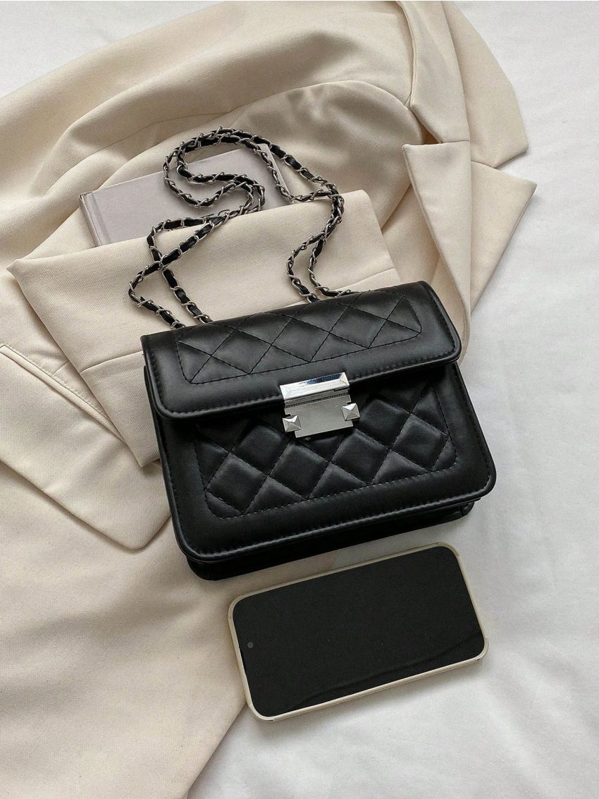 Elegant Square Bag Black Metal Decor Chain PU