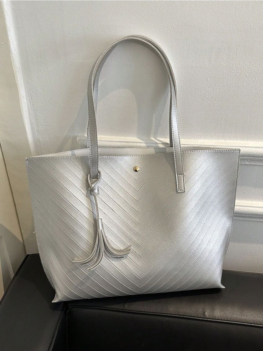 Metallic Shoulder Tote Bag Silver Funky Snap Button PU