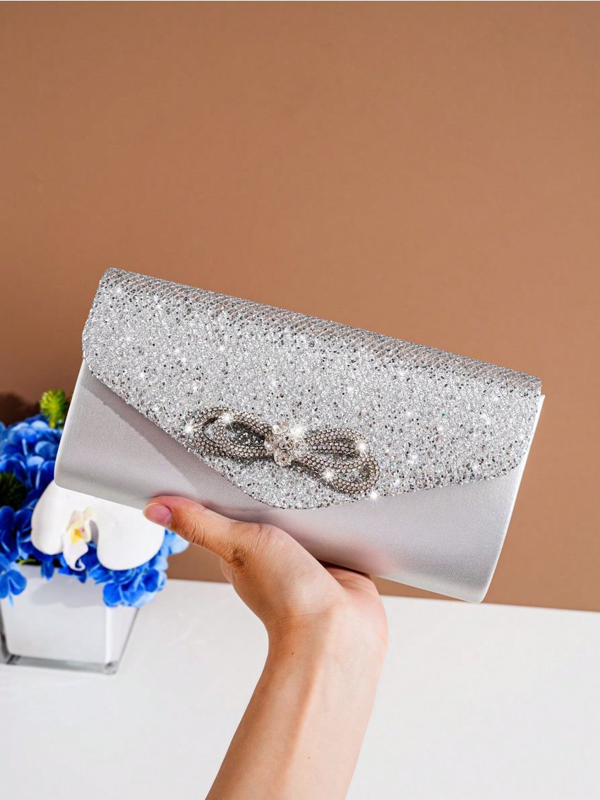 Small Envelope Bag Glamorous Rhinestone Bow & Sequin Decor Flap PU, Perfect Bride Purse For Wedding, Prom & Party Events
