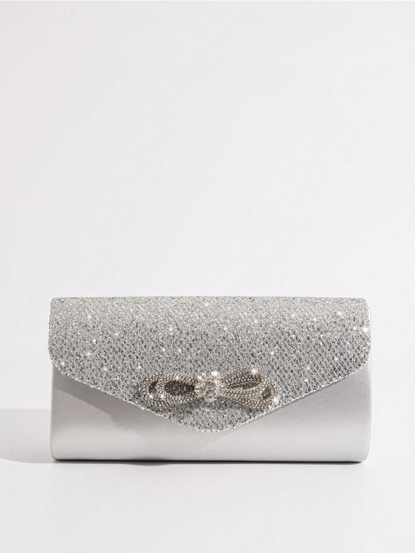 Small Envelope Bag Glamorous Rhinestone Bow & Sequin Decor Flap PU, Perfect Bride Purse For Wedding, Prom & Party Events