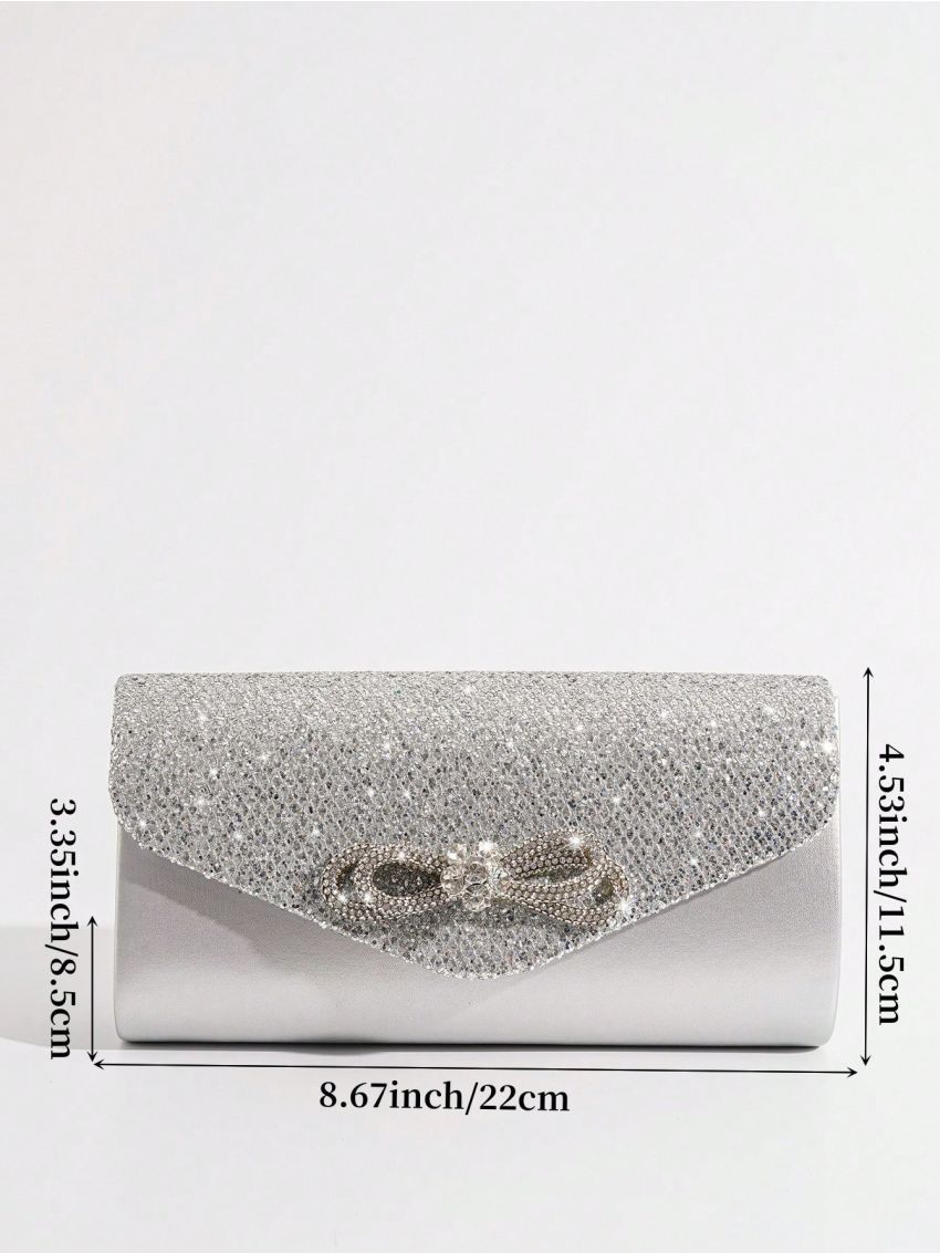 Small Envelope Bag Glamorous Rhinestone Bow & Sequin Decor Flap PU, Perfect Bride Purse For Wedding, Prom & Party Events
