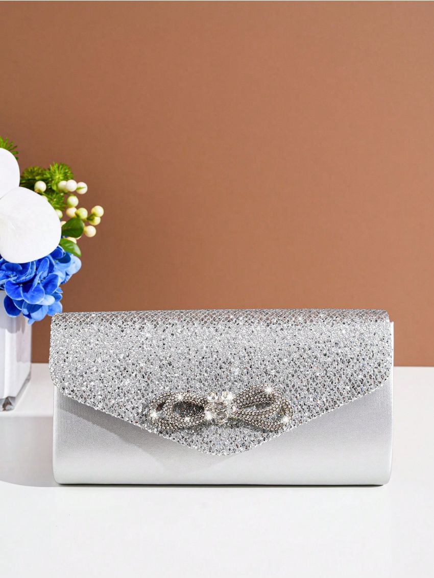 Small Envelope Bag Glamorous Rhinestone Bow & Sequin Decor Flap PU, Perfect Bride Purse For Wedding, Prom & Party Events