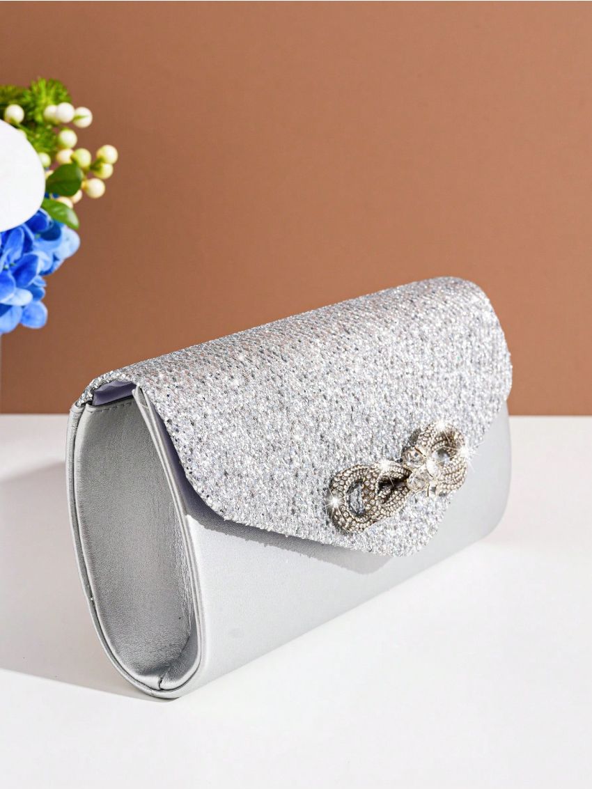 Small Envelope Bag Glamorous Rhinestone Bow & Sequin Decor Flap PU, Perfect Bride Purse For Wedding, Prom & Party Events