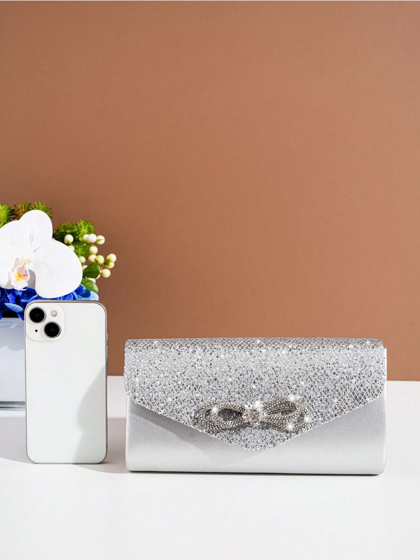 Small Envelope Bag Glamorous Rhinestone Bow & Sequin Decor Flap PU, Perfect Bride Purse For Wedding, Prom & Party Events