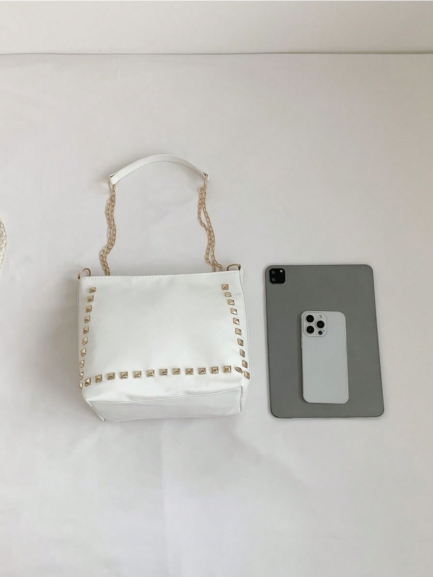 White Square Bag Fashionable Studded Decor PU