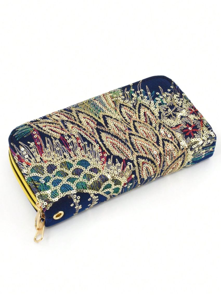 Random Peacock Embroidered Phone Wallet Sequin Decor Fashion Zipper