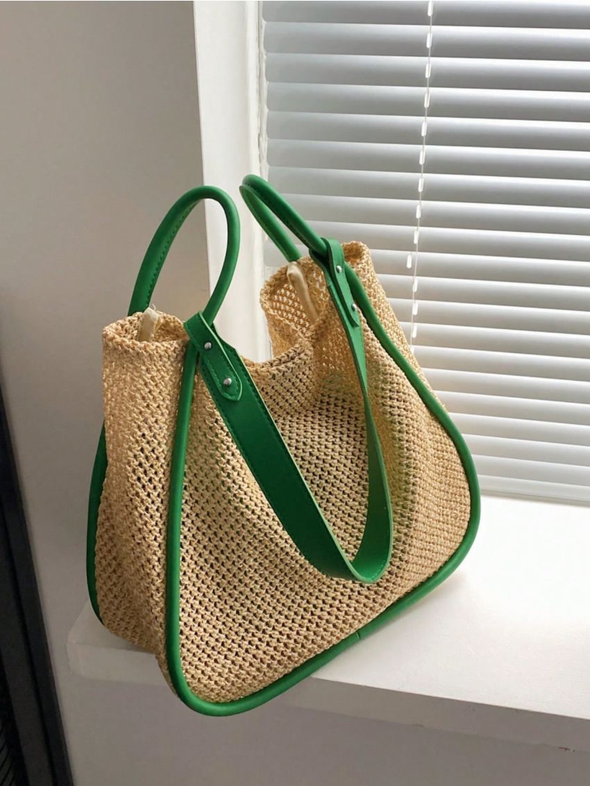 Large Straw Bag Contrast Binding Double Handle Vacation