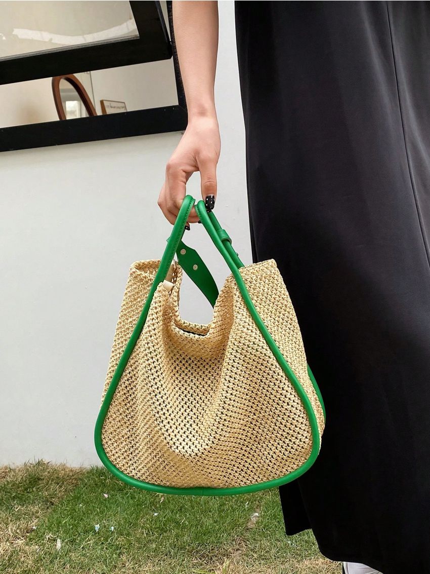 Large Straw Bag Contrast Binding Double Handle Vacation