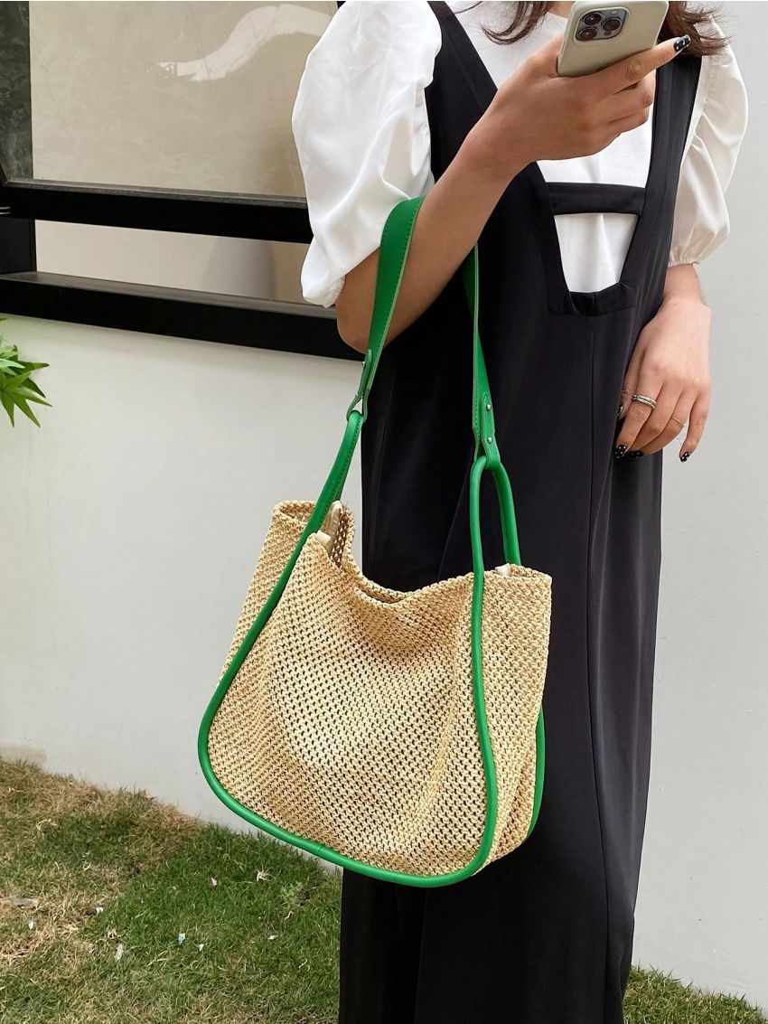 Large Straw Bag Contrast Binding Double Handle Vacation