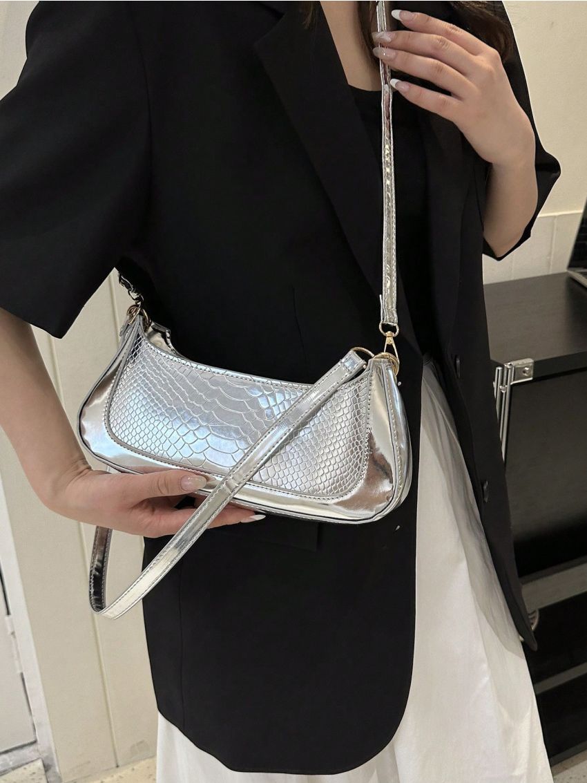Snakeskin Embossed Baguette Bag Zipper Metallic Funky