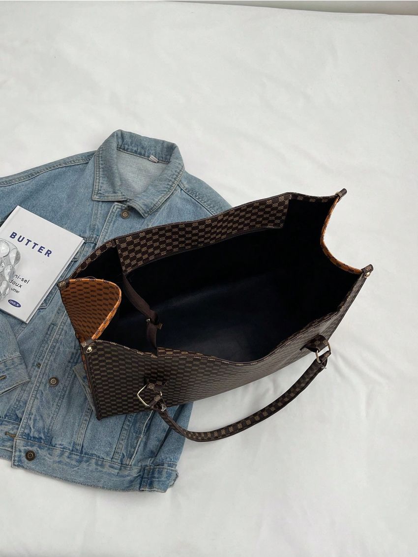 Large Shoulder Tote Bag Geometric Pattern Double Handle Zipper PU Vintage