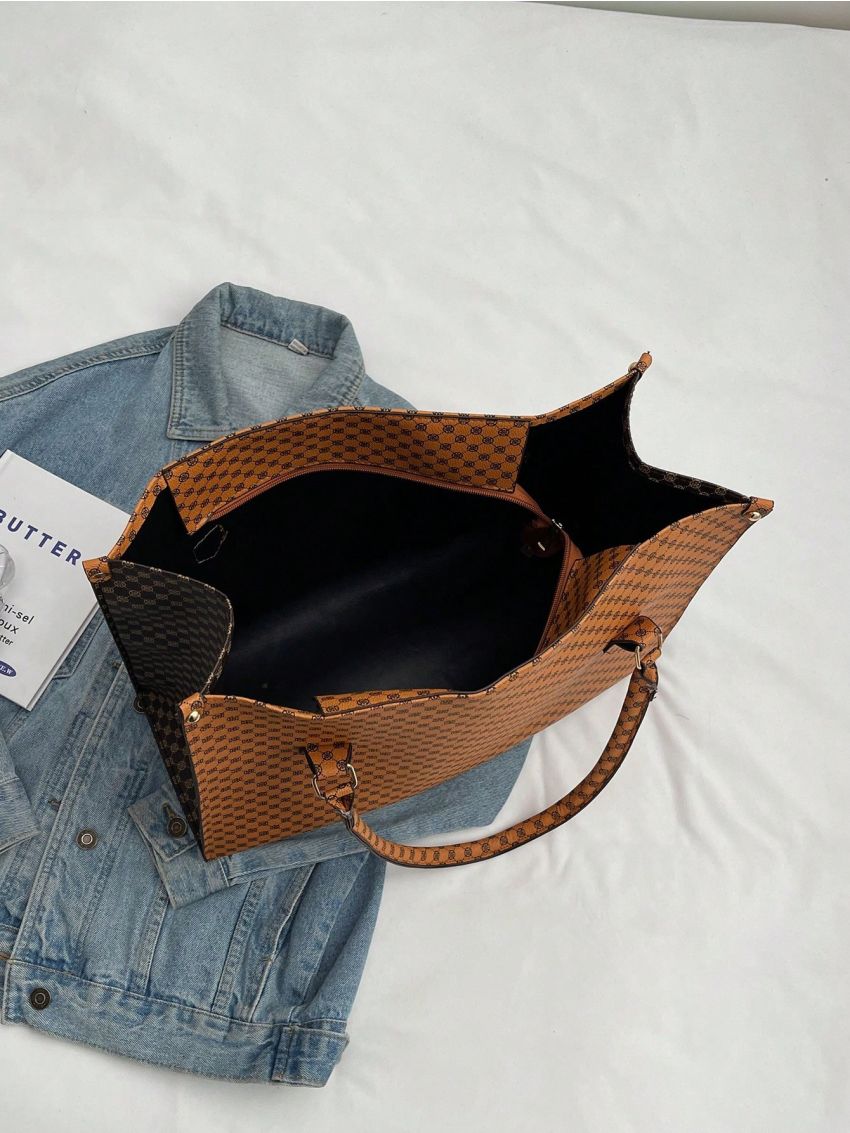 Large Shoulder Tote Bag Geometric Pattern Double Handle Zipper PU Vintage