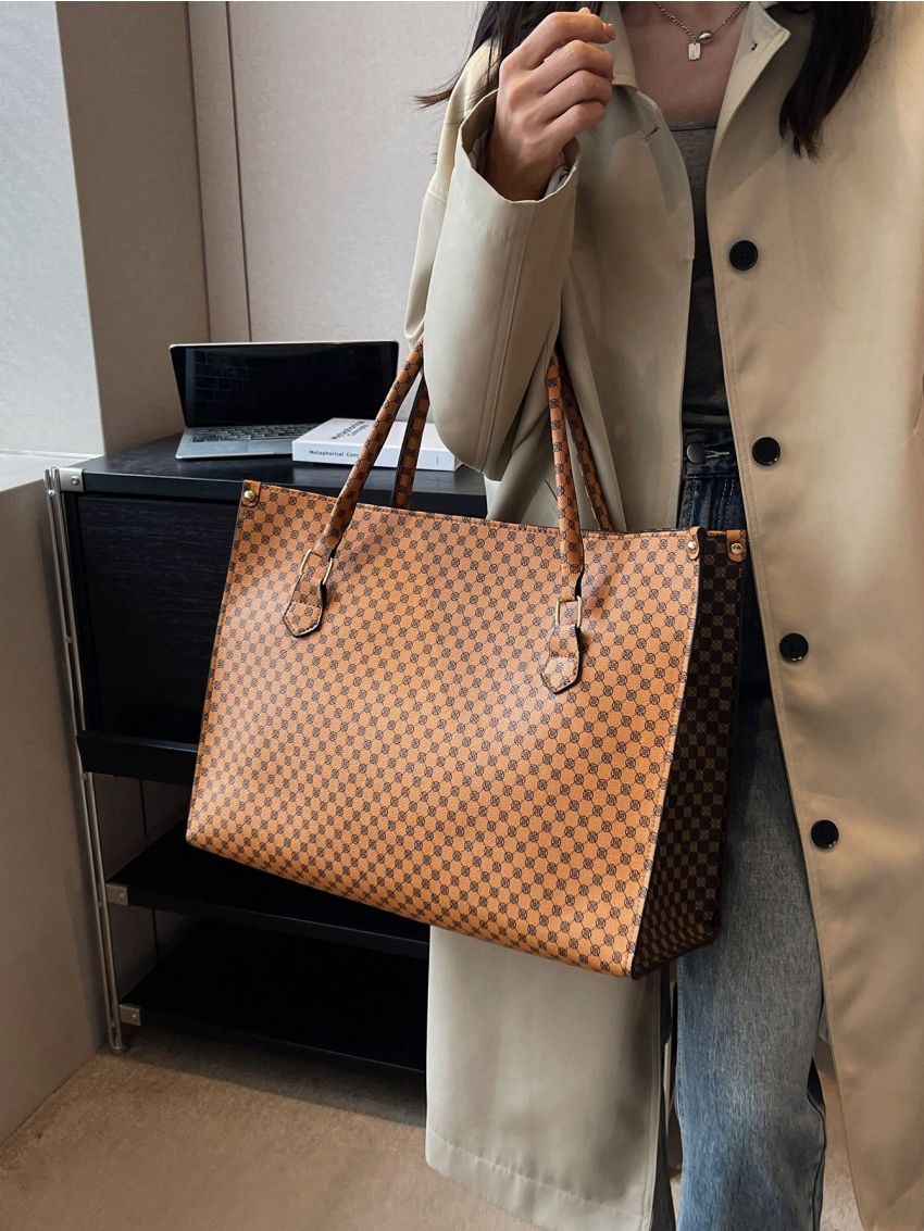 Large Shoulder Tote Bag Geometric Pattern Double Handle Zipper PU Vintage