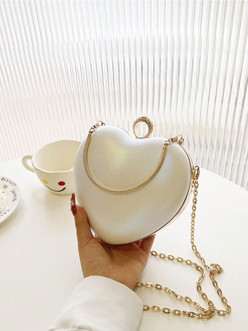 Mini Novelty Bag Heart Design Rhinestone Decor Top Handle Chain Holographic Funky