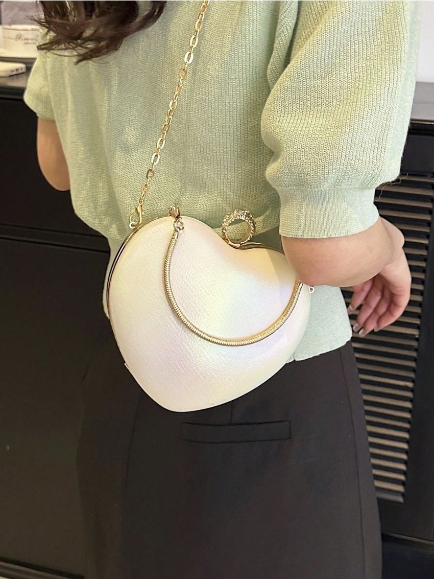 Mini Novelty Bag Heart Design Rhinestone Decor Top Handle Chain Holographic Funky