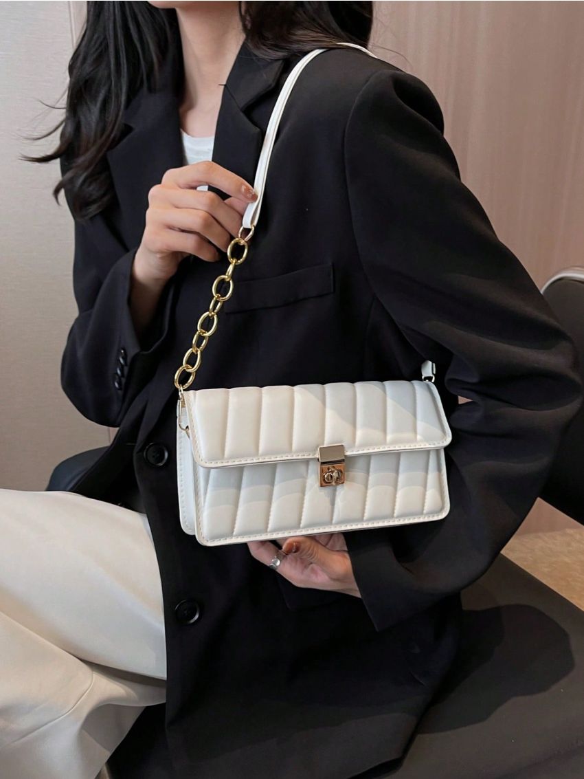 Geometric Embossed Square Bag Flap Chain Strap