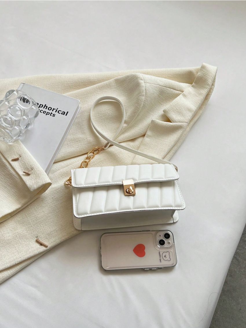 Geometric Embossed Square Bag Flap Chain Strap