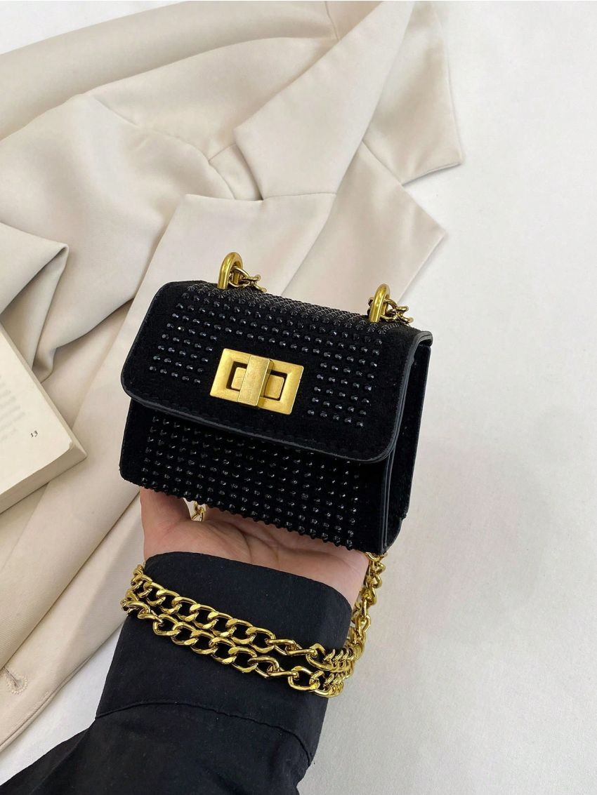 Mini Rhinestone Decor Twist Lock Flap Chain Square Bag
