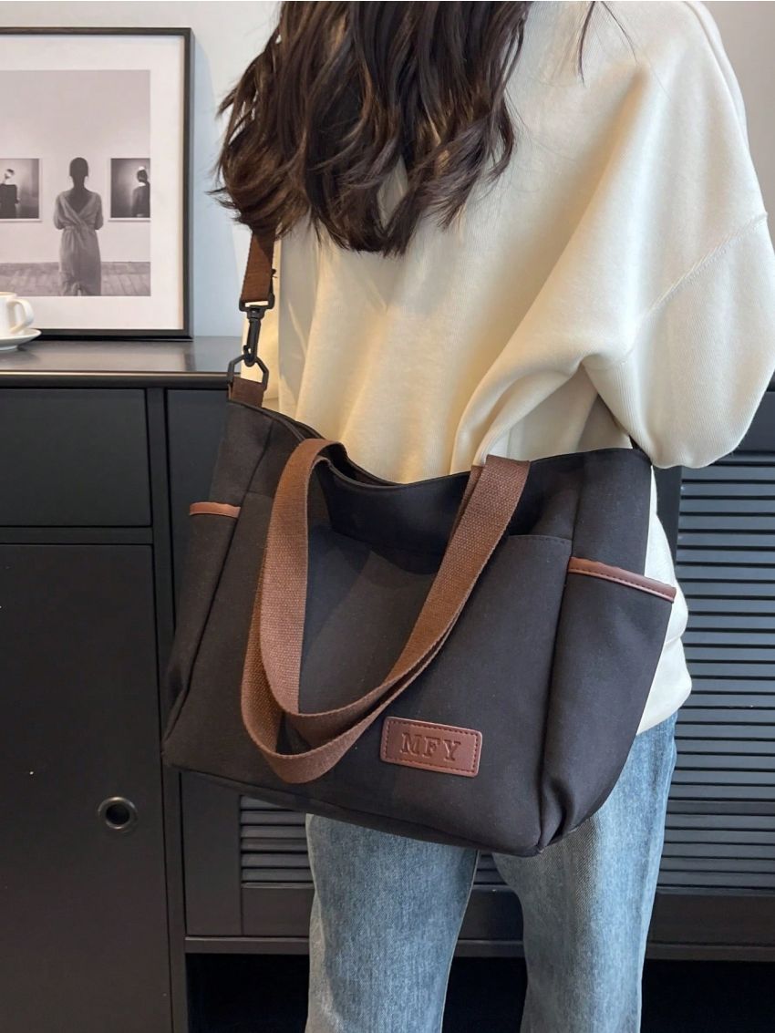 Letter Patch Decor Shoulder Tote Bag Large Capacity