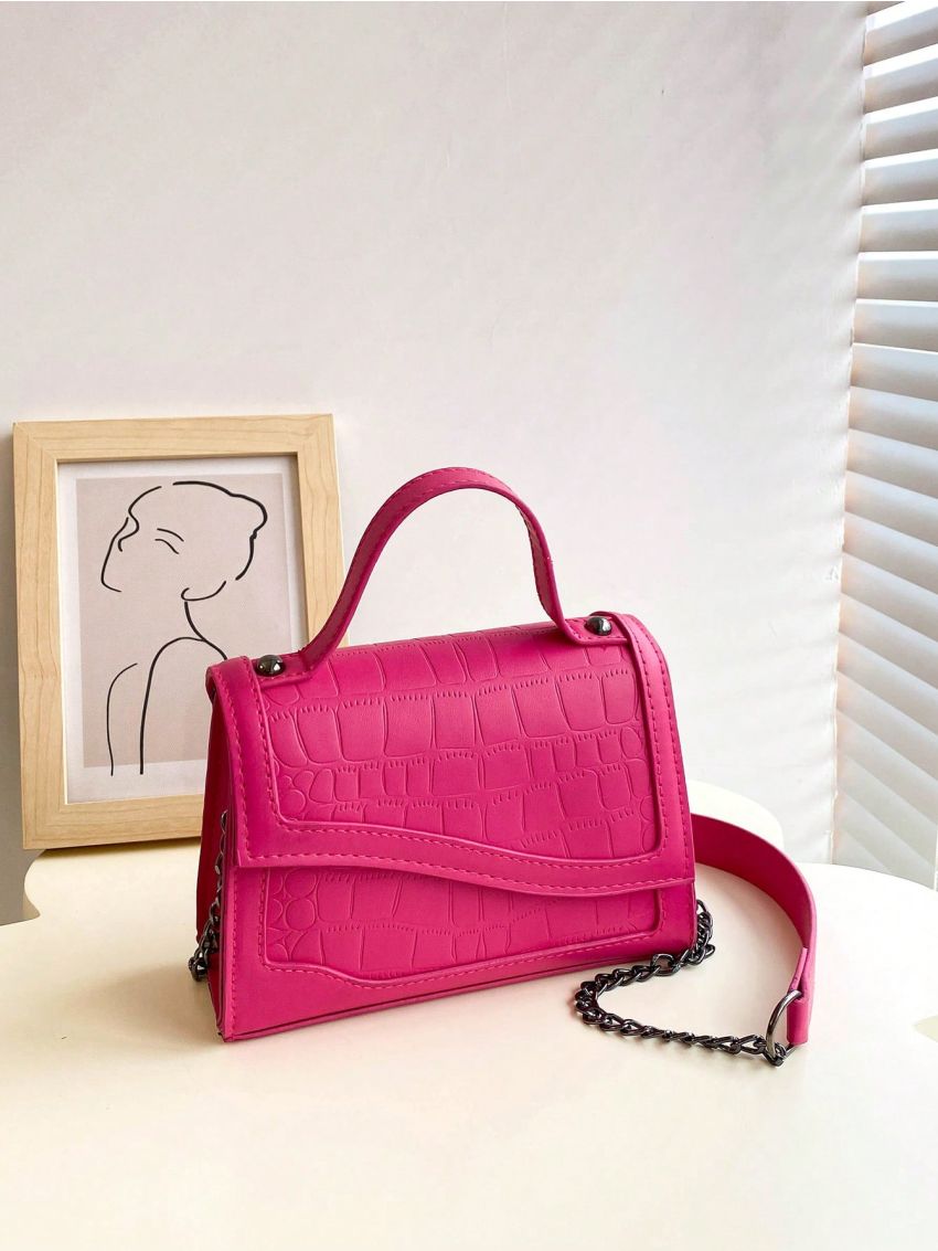Mini Square Bag Crocodile Embossed Irregular Flap Neon Pink PU Funky