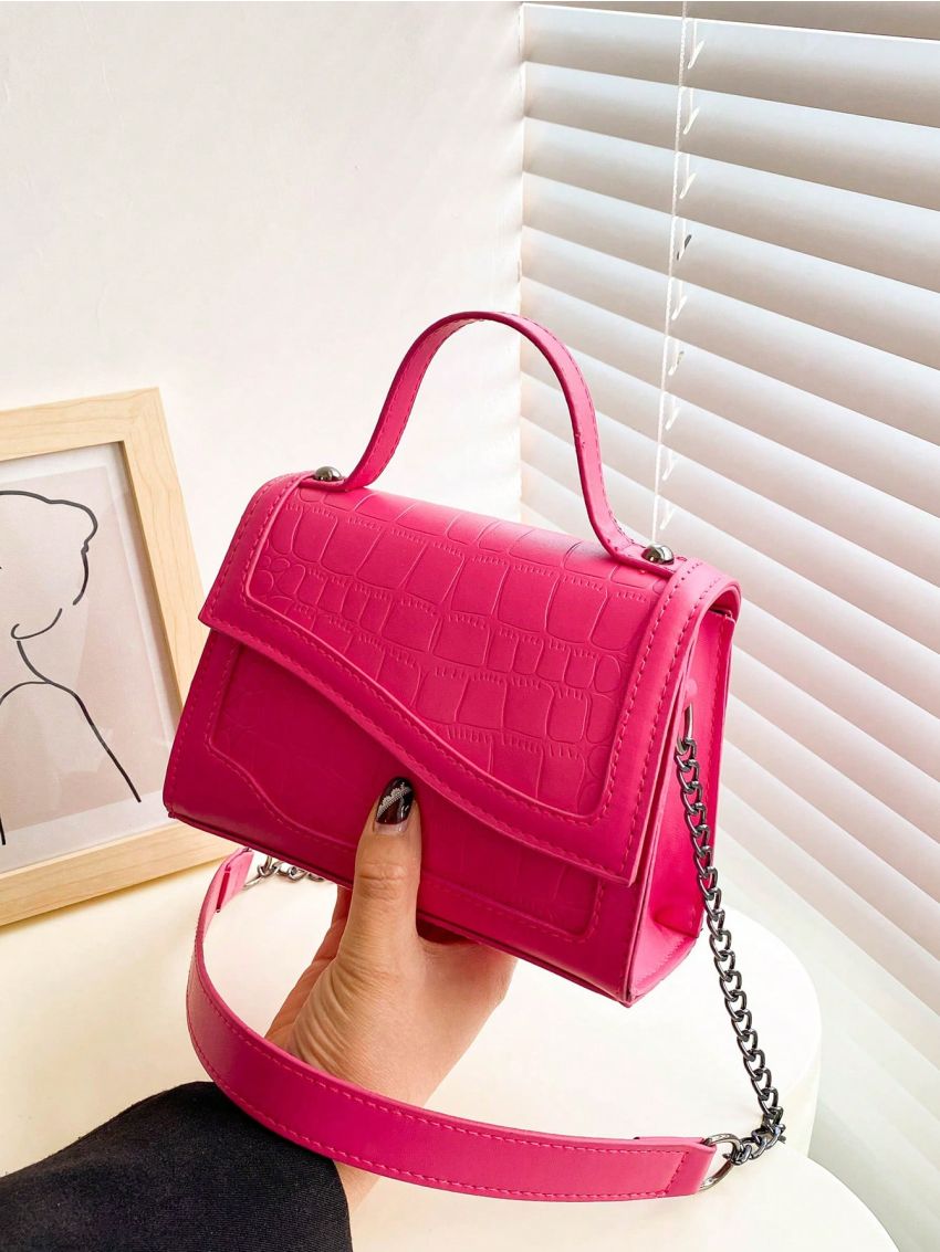 Mini Square Bag Crocodile Embossed Irregular Flap Neon Pink PU Funky