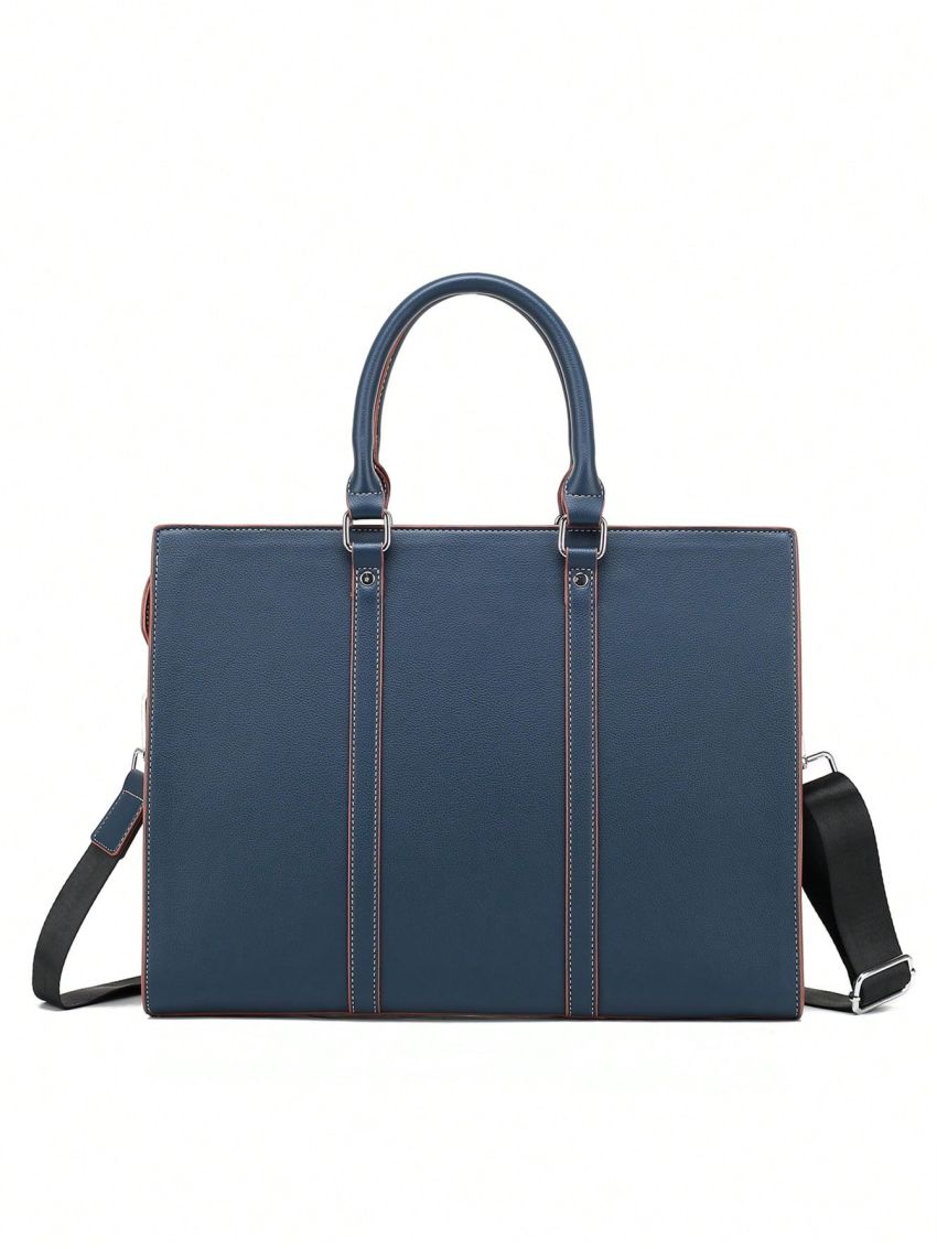 Litchi Embossed Briefcase Blue PU Double Handle