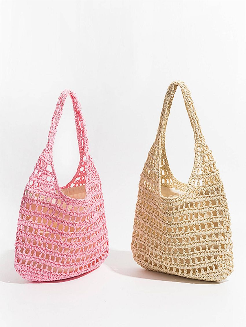Hollow Out Design Straw Bag Vacation Beige