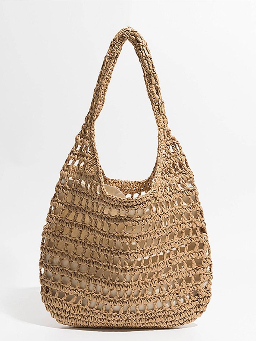 Hollow Out Design Straw Bag Vacation Khaki