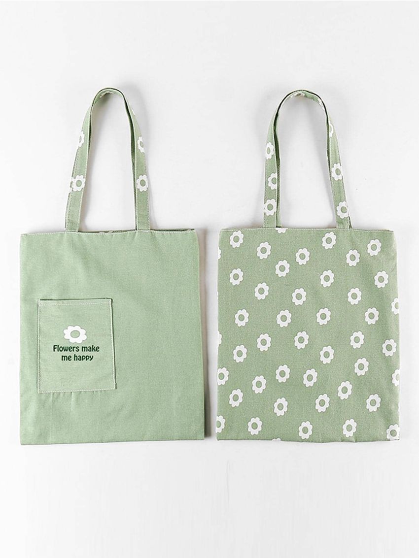 Flower Pattern Shopper Bag Green Casual Double Handle