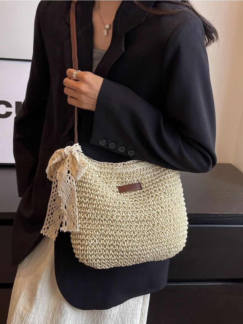 Beige Straw Bag Twilly Scarf Decor Adjustable Strap For Vacation