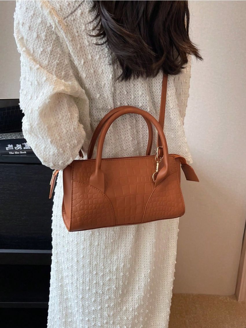 Crocodile Embossed Square Bag Brown Fashionable Double Handle