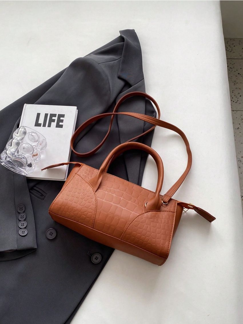 Crocodile Embossed Square Bag Brown Fashionable Double Handle